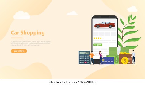 Online Car Shopping E-commerce Technology With Smartphone App For Website Template Banner Or Landing Homepage - Vector Illustration