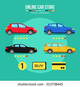 Online Car Store Vector Illustrations. Flat Style Design.