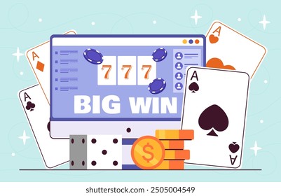 Online card game concept. Computer minitor with slot machine near dice and coins. Gambling and games of luck and fortune. Casino and poker. Flat vector illustration isolated on blue background