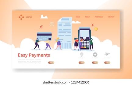 Online Card Payment Concept Landing Page. Easy Payments Banner with Flat People Characters Website Template. Easy Edit and Customize. Vector illustration