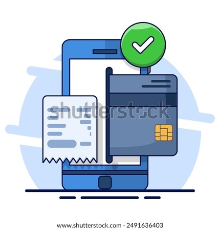 Online Card Payment Concept, Online payment with smartphone. Bill payment transaction on smartphone. Mobile wallet. Debit card, Digital money transfer. Flat design illustration on background. 