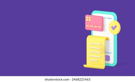 Online card payment smartphone banking application success financial transaction receipt 3d icon realistic vector illustration. Internet bank service cyberspace shopping marketplace order buy goods