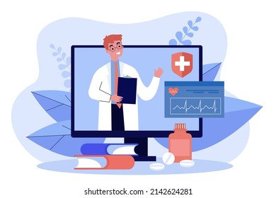 Online cardiologist appointment on laptop screen. Man examining heart, cardiovascular health flat vector illustration. Telemedicine, cardiology concept for banner, website design or landing web page