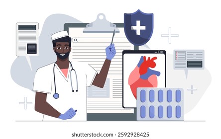 Online cardiologist concept. Man in medical uniform near structure of heart. Anatomy and cardiology. Consultation with doctor on internet. Flat vector illustration