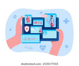 Online cardiologist consultation. Convenient interface, data. Advice from attending physician, diagnosis and choice of treatment method, remote health check. Cartoon flat vector illustration