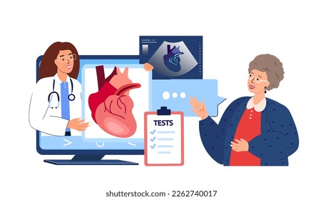 Cardiólogo en línea Consultar a la anciana pensionista del paciente.Hospital médico.Fluorografía diagnóstica por Internet.Desaliento cardíaco,Tratamiento con cardiograma de presión arterial.Servicio digital.Ilustración