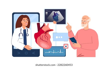 Cardiólogo en línea Consultar al anciano pensionista del paciente.Hospital médico.Fluorografía diagnóstica por Internet.Desaliento cardíaco,Tratamiento con cardiograma de presión arterial.Servicio digital.Ilustración