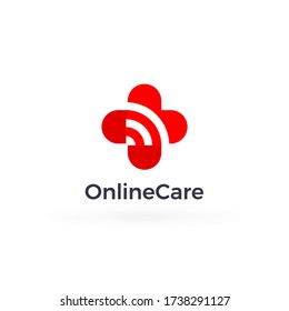 Online Care logo Concept, red heart care sign, cross medical and pharmacy symbol, signal wifi connection and web communication emblem. Vector logotype.