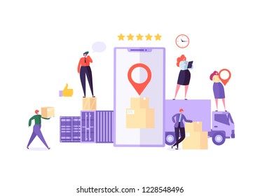 Online Cargo Delivery Mobile App Tracking Service. Worldwide Logistic Delivery Concept with Courier Characters. Workers in Uniform with Parcels. Vector illustration