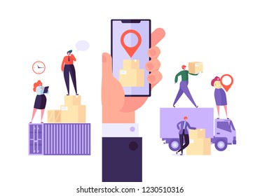 Online Cargo Delivery Mobile App Tracking Service. Worldwide Logistic Delivery Concept with Courier Characters. Workers in Uniform with Parcels. Vector illustration