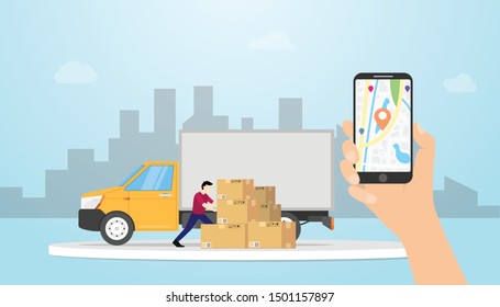 Online-Frachtlieferungs-Tracking-System mit LKW- und GPS-Positionsstellen mit Handheld-Smartphone - Vektor