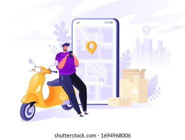 Online cargo delivery tracking web site service. Delivery concept with courier character in flat cartoon style. Application concept for online shopping and order delivery. Delivery man accepts order.