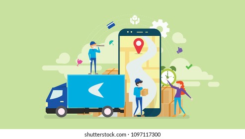 Online Cargo Tracking Delivery Application Tiny People Character Concept Vector Illustration, Suitable For Wallpaper, Banner, Background, Card, Book Illustration, Web Landing Page