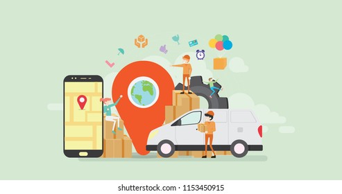 Online Cargo Tracking Delivery Application Tiny People Character Concept Vector Illustration, Suitable For Wallpaper, Banner, Background, Card, Book Illustration, And Web Landing Page