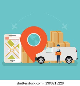 Online Cargo Tracking Delivery Application Tiny People Character Concept Vector Illustration, Suitable For Wallpaper, Banner, Background, Card, Book Illustration, And Web Landing Page - Vector