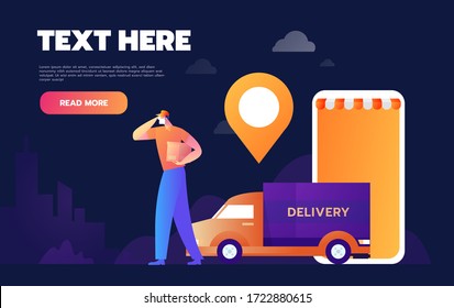 Online Cargo Tracking Delivery Application Tiny People Character Concept Vector Illustration, Suitable For Wallpaper, Banner, Background, Card, Book Illustration, Web Landing Page.