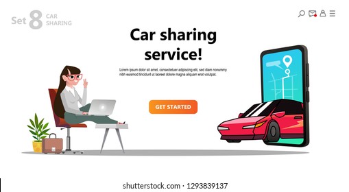 Online carsharing. Car on screen smartphone. Woman and scooter rent. Mobile city transportation concept,  Online car sharing with cartoon character and screen smartphone, can use for web vector design