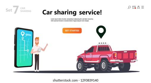 Uso compartido de coches en línea. Mapa en el smartphone de la pantalla. Alquiler de coches y hombres. Concepto de transporte urbano móvil, camión en línea compartido con personaje de caricatura y smartphone de pantalla, puede utilizarse para diseño web