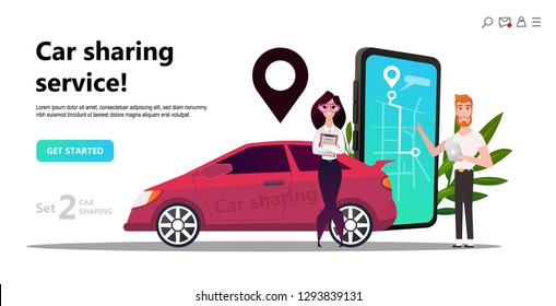 Online carsharing. Mobile city transportation concept,  Online car sharing with cartoon character and screen smartphone, can use for web design, landing page, ui, template,  mobile app, flyer, poster