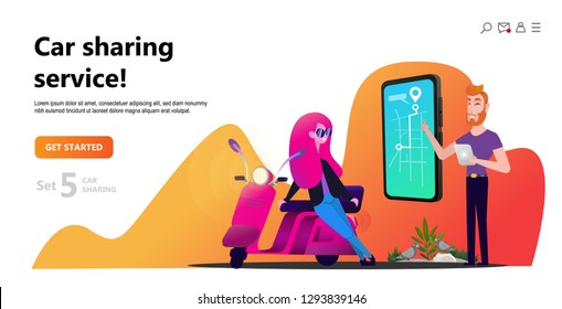 Online carsharing. Woman and scooter rent. Mobile city transportation concept,  Online car sharing with cartoon character and screen smartphone, can use for web design, landing page, ui, template. 