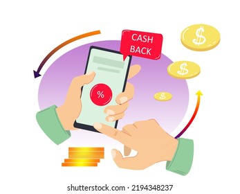 Concepto de devolución de efectivo en línea. Manos sosteniendo el teléfono, recibiendo dinero en smartphone, concepto de banca en línea