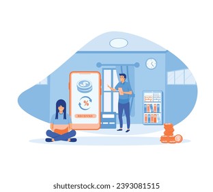  Online cash back concept. Happy people receiving cash back for a buyer. flat vector modern illustration 