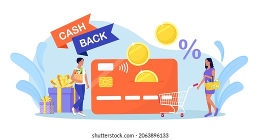 Online cash back or money refund concept. Happy people with purchases receiving cashback for shopping. Woman gets refund on credit card. Saving money, get vouchers and discounts, reward program