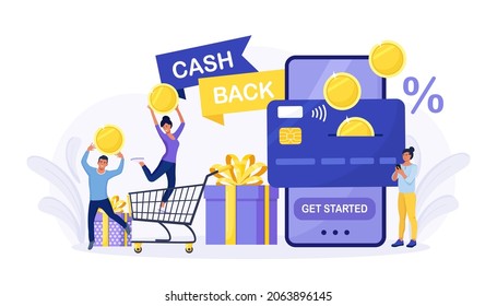 Online cash back or money refund concept. Happy people receiving cashback for shopping. Big phone with button get started the cashback. Saving money, get vouchers and discounts, reward program