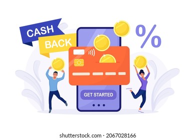 Online cash back or money refund concept. Happy people receiving cashback for shopping. Big phone with button get started the cashback. Saving money, get vouchers and discounts, reward program
