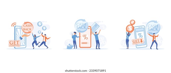 Online cash back or money refund concept. Online banking, Saving money, get vouchers and discounts, reward program, set flat vector modern illustration