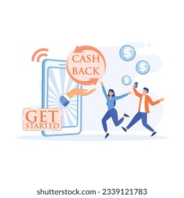 Online cash back or money refund concept. Happy people receiving cash back for shopping, flat vector modern illustration