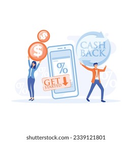 Online cash back or money refund concept. Happy people receiving cashback for shopping. reward program. flat vector modern illustration