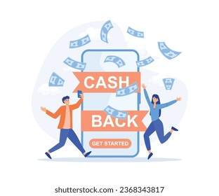 Online cash back or money refund concept, Happy people receiving cashback for shopping. Saving money, get vouchers and discounts, flat vector modern illustration