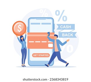 Online cash back or money refund concept. Happy people receiving cashback for shopping. Big phone with button get started the cashback, flat vector modern illustration