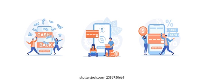 Online cash back or money refund,  Happy people receiving cash back for a buyer,  Big phone with button get started the cash back. Cash back 1 set flat vector modern illustration  
