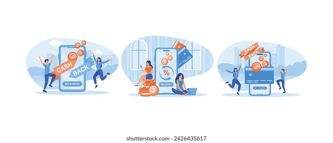 Online cash back or money refund. Happy people receiving cash back for a buyer. Happy people receiving cash back for shopping. set flat vector modern illustration 
