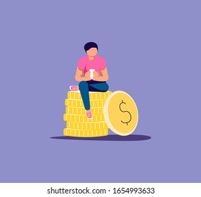 Online cash earnings concept. Man sits on stack of coins and web surfing or content sharing using smartphone. Flat Art Vector illustration