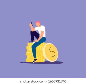 Online cash earnings concept. Man sits on stack of coins and web surfing or content sharing using smartphone. Isolated on purple. Flat Art Vector Illustration