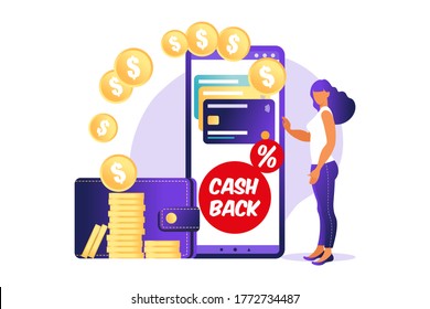 Online cashback concept. Coins or money transfer from smartphone to e-wallet. Online banking. Saving money. Money refund. Vector illustration.