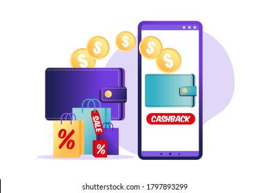 Online cashback concept. Coins or money transfer from smartphone to e-wallet. Online banking. Saving money. Money refund. Vector illustration.