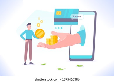 Online cashback concept. A hand holding coin stack comes out of smartphone screen, customer making payment with credit or debit card and earns cash back money, vector illustration