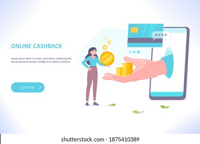 Online cashback concept. A hand holding coin stack comes out of smartphone screen, customer making payment with credit or debit card and earns cash back money, vector illustration