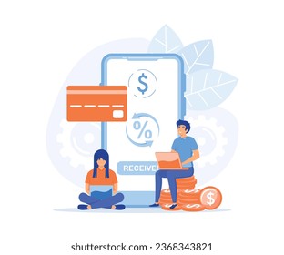 Online cashback concept. Happy people receiving cashback for a buyer. Coins or money transfer from smartphone to e-wallet. Online banking, flat vector modern illustration