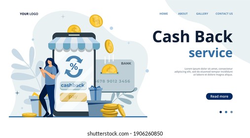 Online cashback concept.Saving money.Phone screen with cash back and bonus card.Money transfer.Online banking flat illustration.Saving money.Earn points.Money refund.Shopping online.Pay by card