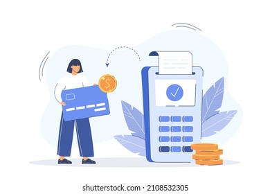 Online cashback and financial savings flat vector illustration. Customer woman paying by cashless pos terminal and back money bonus, refund coins on banking credit card. Reward loyalty program concept