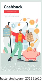 Online cashback for purchase concept for mobile app. Man receiving cashback for shopping or money transfer, flat isolated vector illustration.