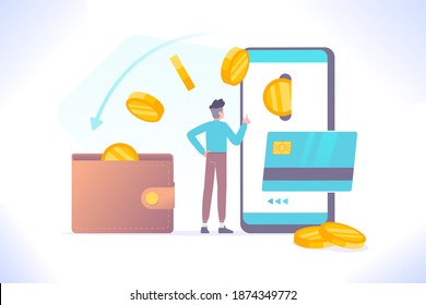 Concepto de reembolso y recompensa en línea. El cliente realiza el pago con tarjeta de crédito y recibe el dinero de la tienda en línea, transferencia de dinero de smartphone a cartera, ilustración vectorial