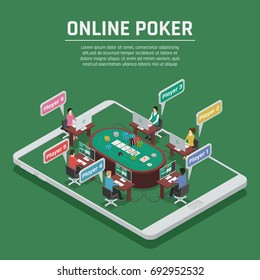 Online casino advertisement emerald green background isometric poster with poker game table chips and players vector illustration 