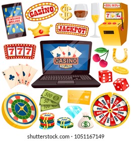 Online casino with all kinds of gamblings set. Play card games and fruit machines right inside your laptop isolated cartoon vector illustrations. Set of casino objects