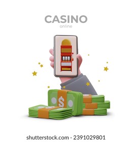 Online casino application. Realistic hand holding smartphone with slot machine on screen. Bundles of green banknotes, gold stars. Concept of online winnings, app advertising